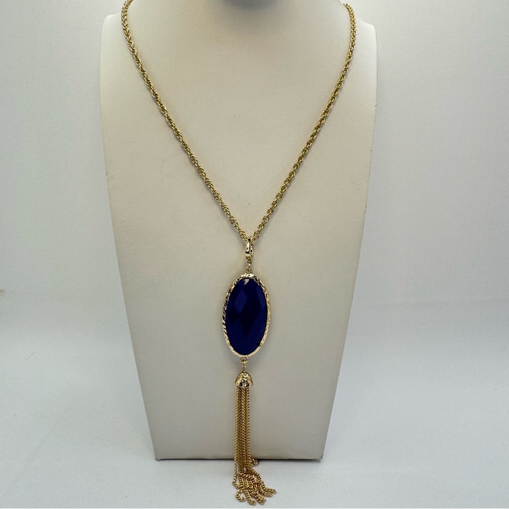 Premier Designs Gold Tone Green Stone Tassel Necklace Long Reversible Statement